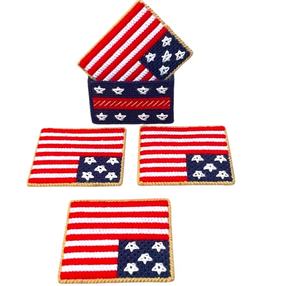 Handmade, Cross Stitch USA Patriotic Drink Coaster Plastic Canvas With Holder,